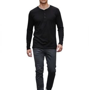 William Rast Classic Black Long Sleeve Button Crewneck Shirt, Stretchy, Size M
